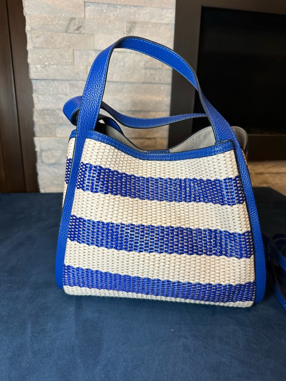 kate spade Blue and White Striped Woven Shoulder Bag - Picture 6 of 11